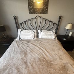 Queen bed with mattress, headboard, and 2 side tables