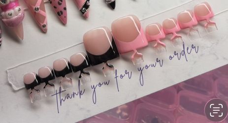 Press on toe nails French tips black pink handmade custom gel cute