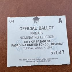 3/7/89 Official Ballot Primary Nominating Election Pasadena