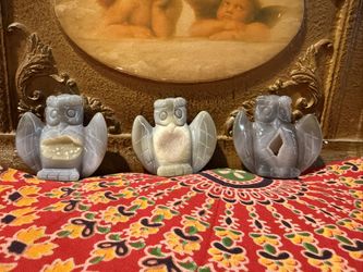 Blue Agate Druzy Carved Owls
