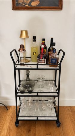 World Market 3-Tier Genuine Marble Bar Cart – Black Metal