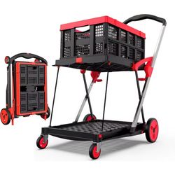 Foldable Shopping Cart with Wheels, 200 lbs Capacity Grocery Cart, Portable Hand Truck with Storage Basket & Brake