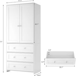 71" Tall Armoire Wardrobe Closet with Drawers and Mirror Clothing Storage Cabinet with Hanging Rod, 2 Doors Wooden Wardrobe Cabinet for Bedroom, Large