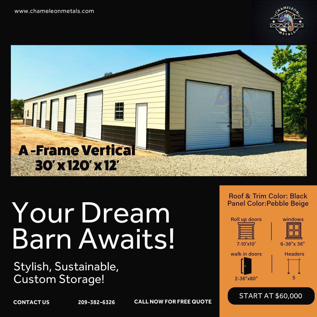 ORDER YOU NEXT METAL BARN/ GARAGE/STORAGE/CARPORT FROM CHAMELEON METALS IN SHORTEST LEAD TIMES