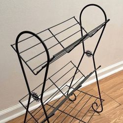 Vintage Mid Century Modern MCM Iron Wired V Shelves Starburst Detail Record Rack Stand