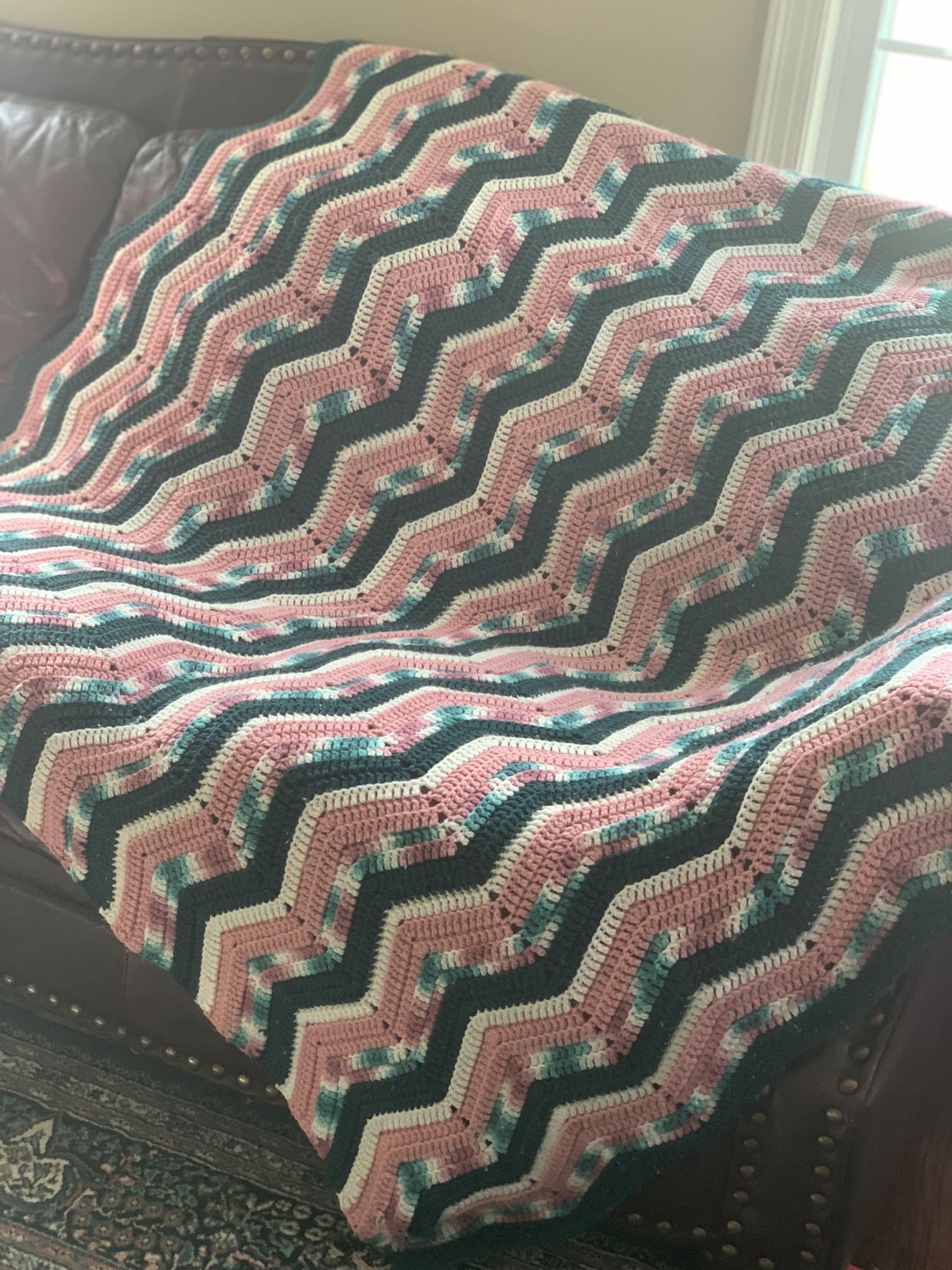Vintage Handmade Crochet Chevron Ripple Afghan Blanket Pink Teal Green 74x65