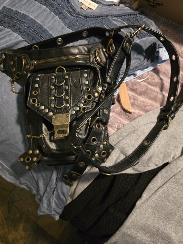 Punk Rivets Chain Shoulder Waist Bag / Women's Motorcycle Leg Bag