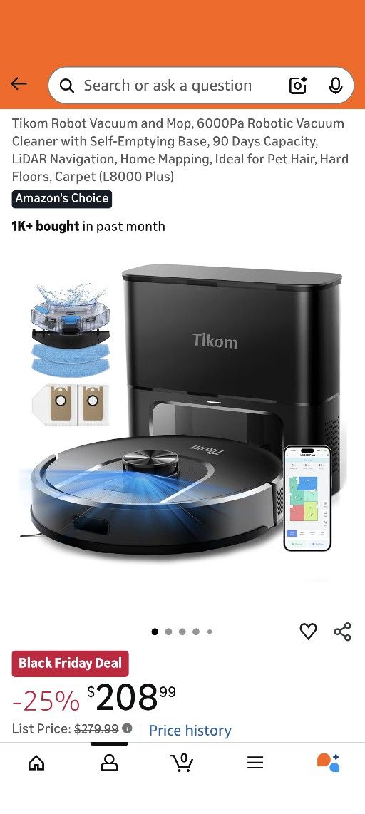 Tikom Robot Vacuum and Mop, 6000Pa Robotic Vacuum Cleaner with Self-Emptying Base, 90 Days Capacity, LiDAR Navigation, Home Mapping, Ideal for Pet Hai