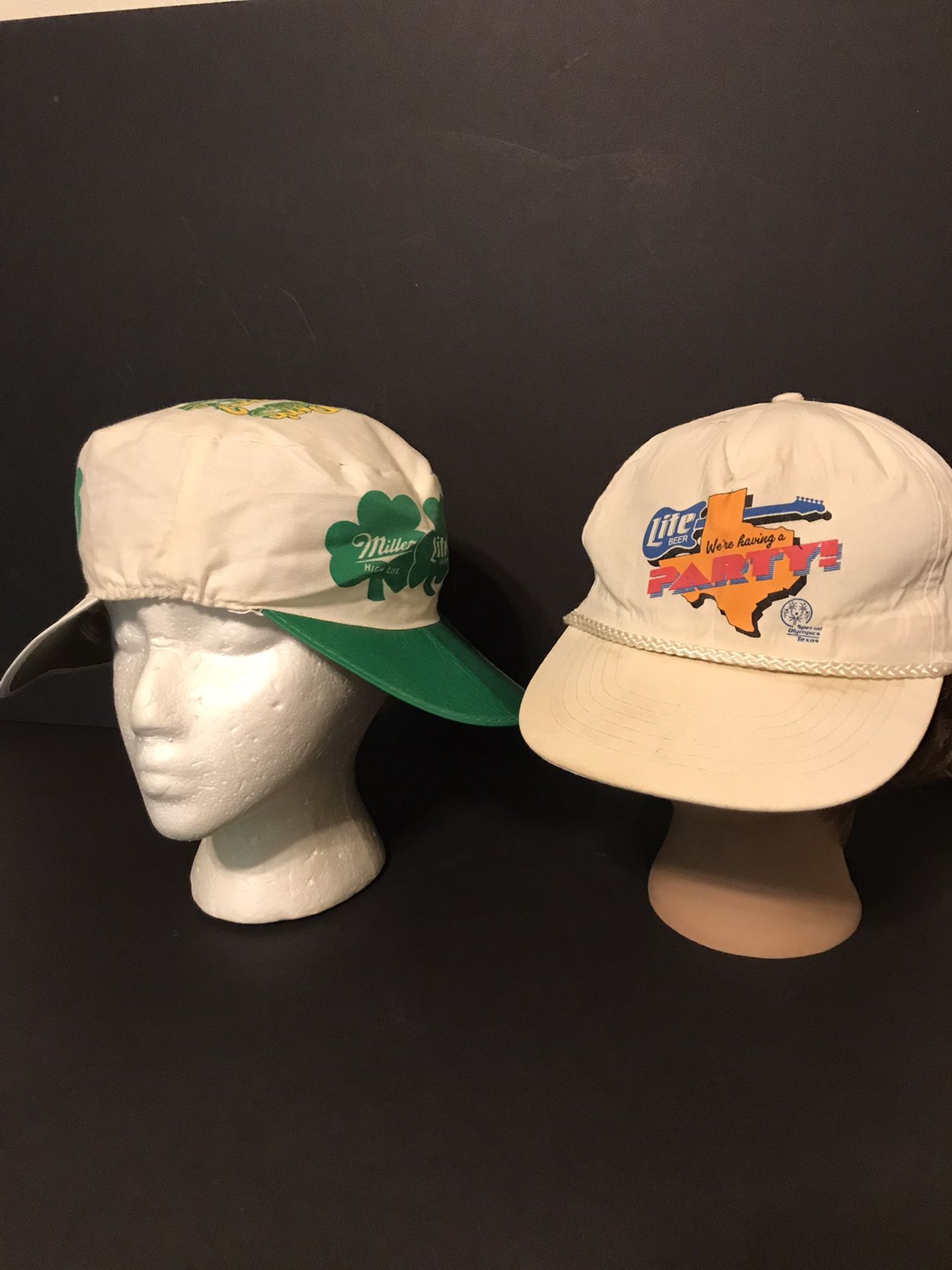 2 Vintage Miller Beer Hats: One Double Billed St Pat’s Hat & 1 Single Bill Hat