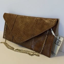 Urban Expressions Vegan Clutch Bag Tan Faux Snakeskin Envelope Chain Purse