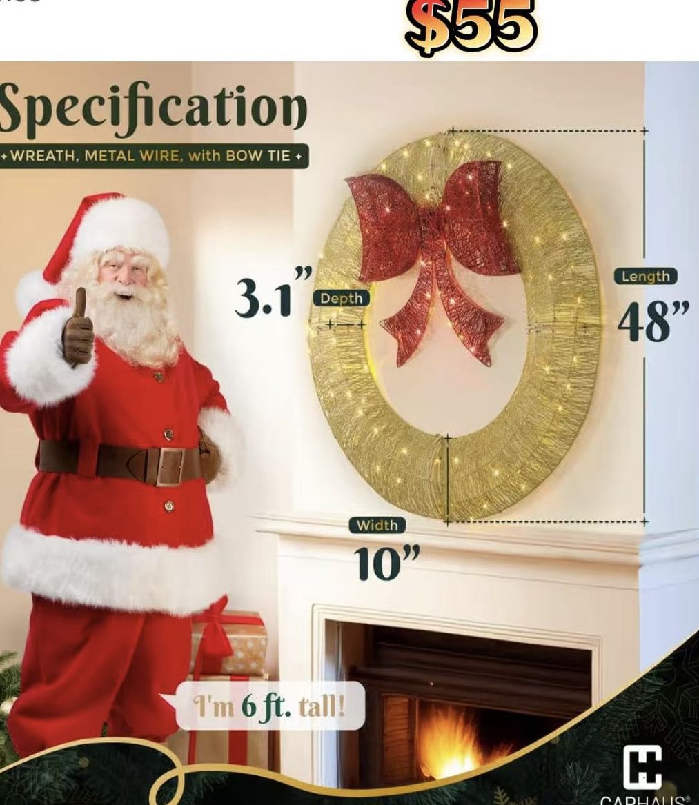 ✌️ 48Inch 4FT Large Christmas Wreath - Outdoor Christmas Wreaths with LED Lights, Xmas Decorations for Door Outdoor Indoor Wall Home, Gold, $55