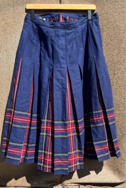 vintage Tan Jay wool Long Pleated Skirt navy blue accented vibrant red yellow pl