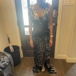 Deep V Neck Prom/ Formal Dress Black And Silver Sequin 