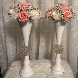 VIJIV 19" White Luxury Flower Vase For Wedding Centerpieces - Crystal-Embedded Tall Geometric Metal Vase For Feather, Rust-Resistant Table Decor For G