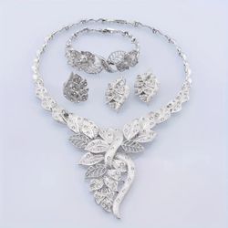 Silver Rhinestone Leaf Design Jewelry Set