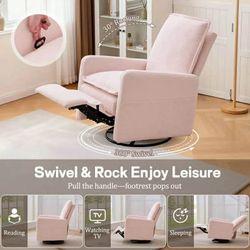 New - Manual Swivel Rocker Recliner Chair with Side Pockets Nursery Glider Recliner for Living Room, Nursery, Pink