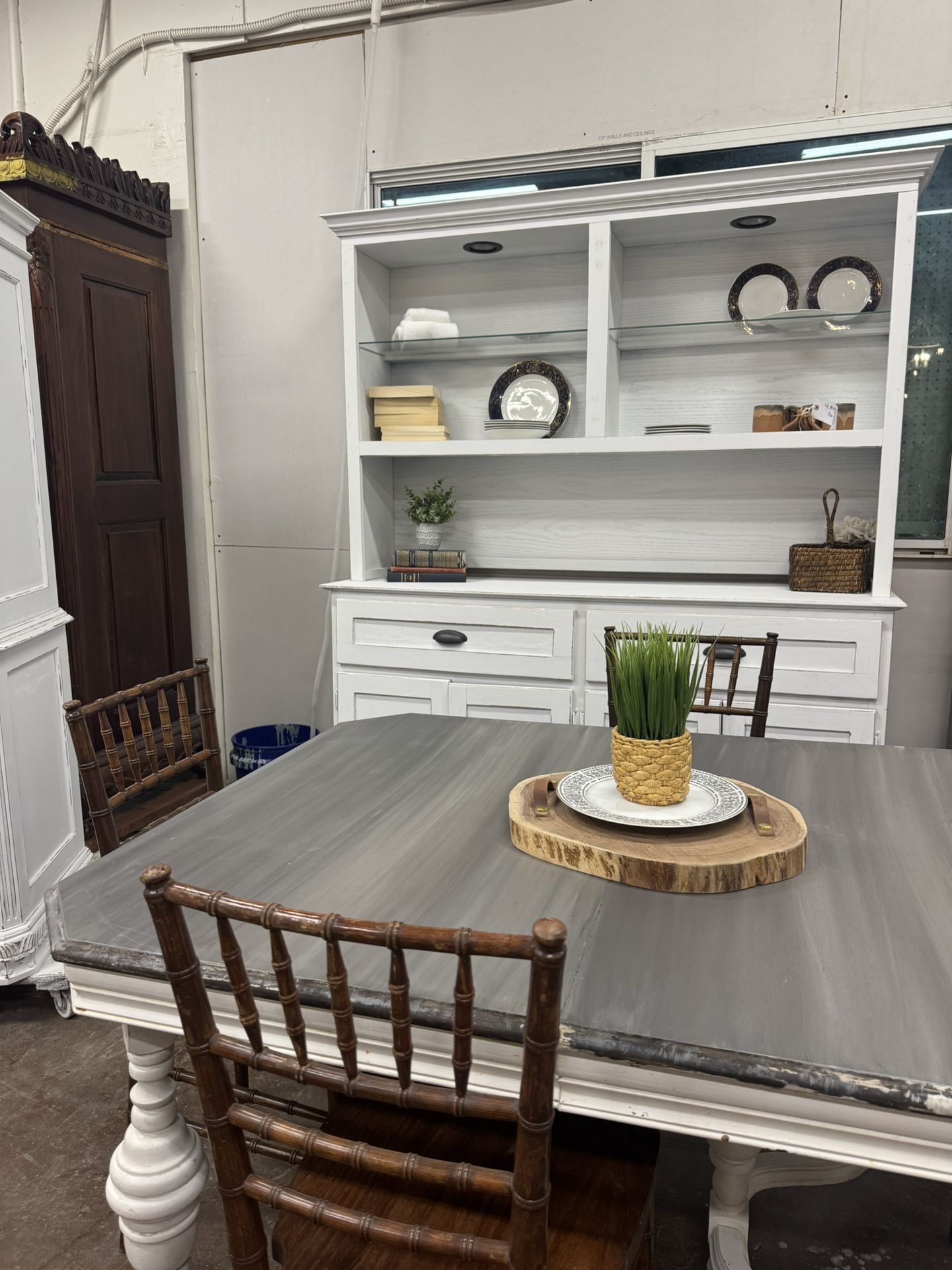 White Modern Farmstyle Hutch And Table And Chairs