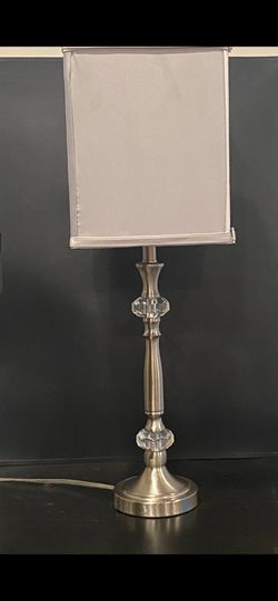  Crystal Candlestick Lamp With Brushed Nickel Finish Base And Gray Silk Square Shade H23"