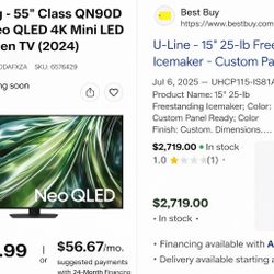 55” Samsung Neo QLED QN90D  And U-line 