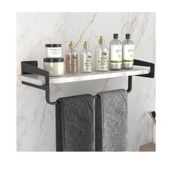 Marble Bathroom Shelf with Towel Bar, 16" Metal Black Modern Floating Shelf Wall