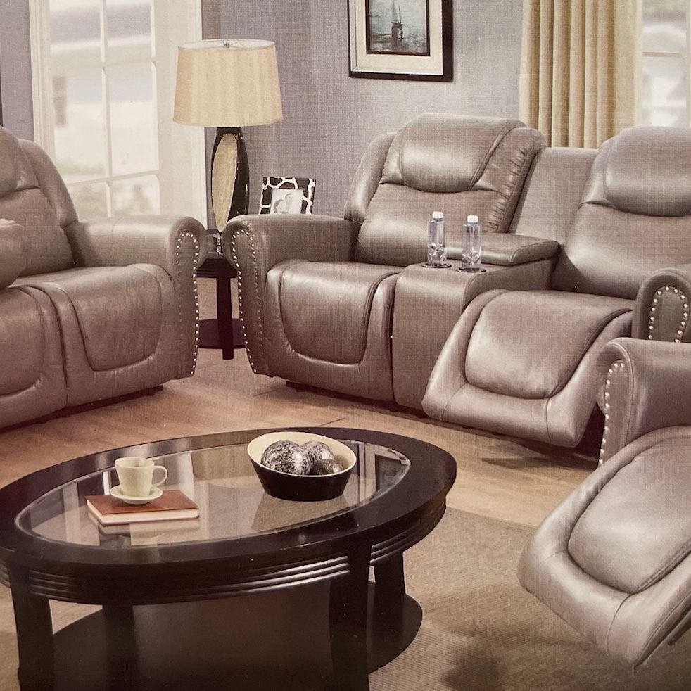 Gray Leather Fully Reclining Three Piece Couch Set 