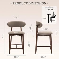 Set of 2: Counter Height Bar Stools Upholstered Wood Kitchen Island Chairs Set Mid Century Camel