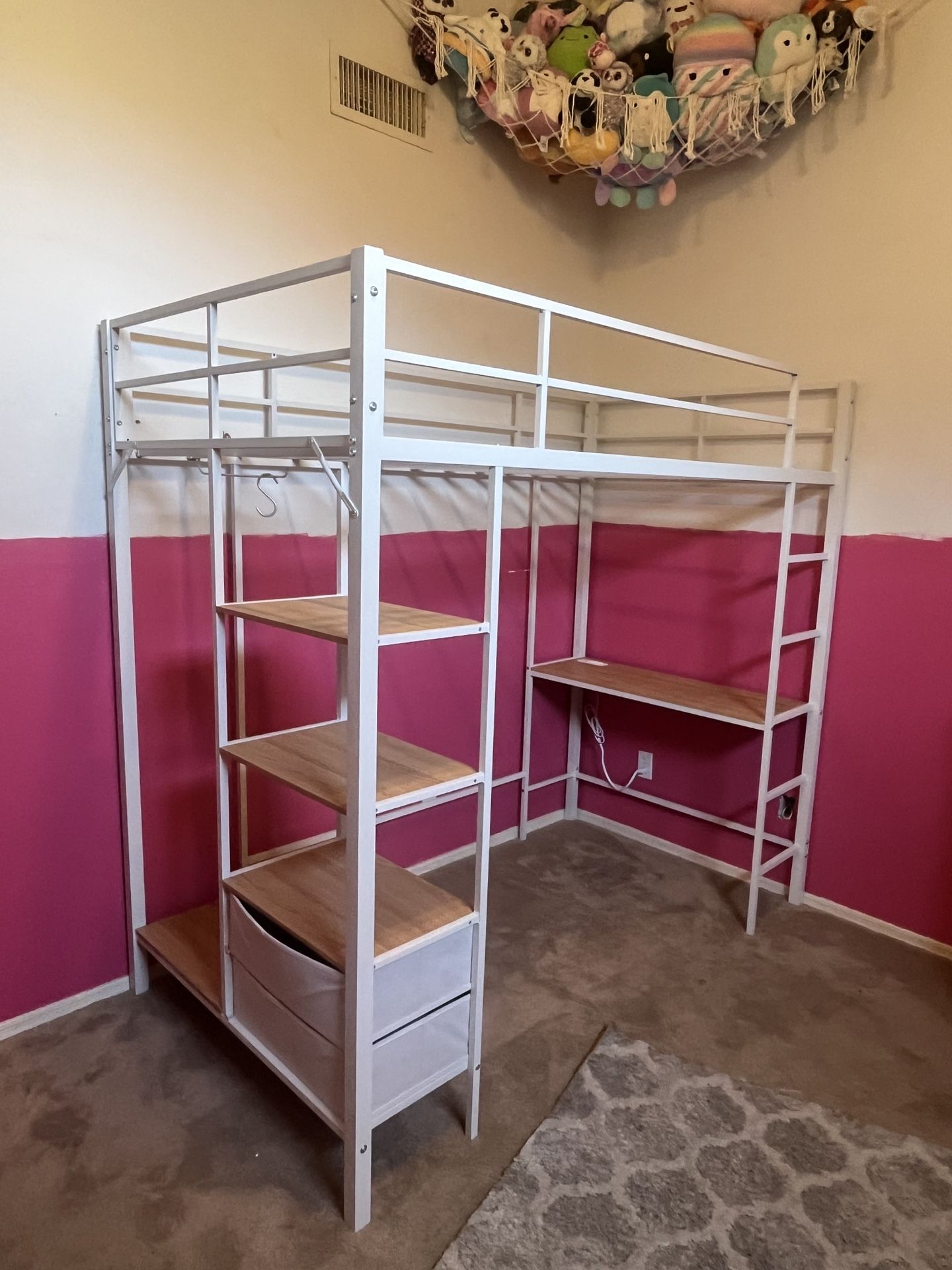 Young Girls, pre teen (white) twin bed with vanity and storage bins, shelves and clothes hanger rod.