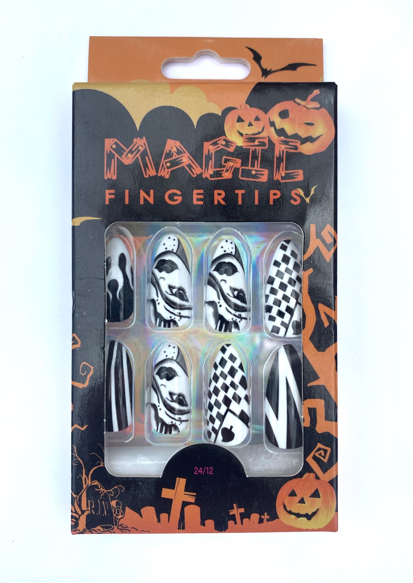 BRATZ DOLL BLACK AND WHITE MAGIC FINGERTIPS PRESS ON LONG COFFIN SHAPED FAUX NAILS