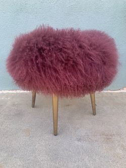 West elm  maroon shag faux fur stool .