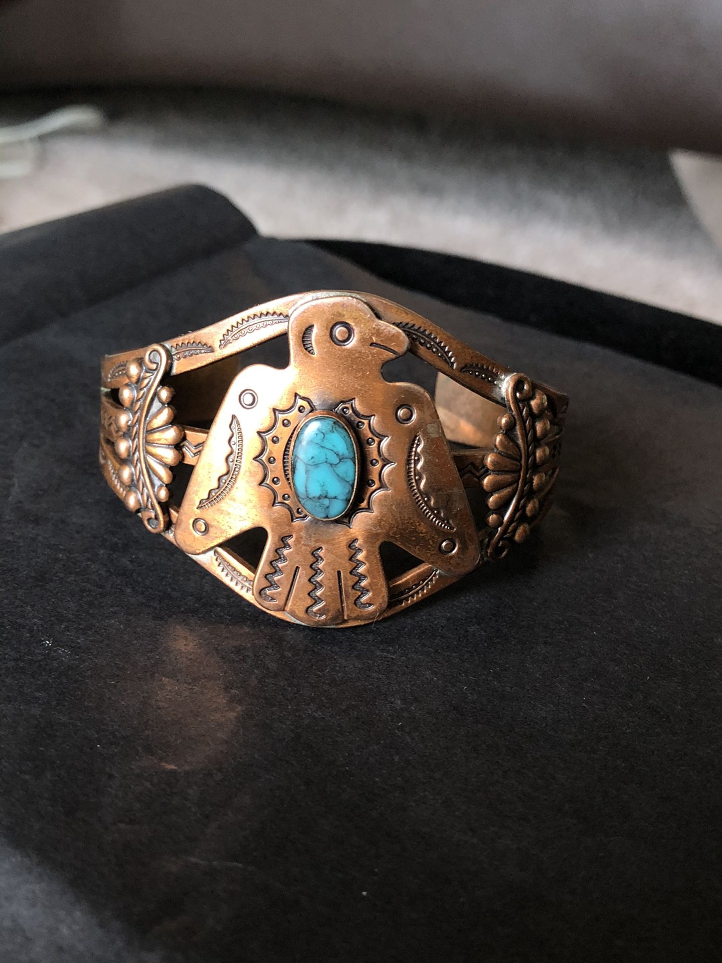 Vintage Fred Harvey Style Copper Thunderbird Turquoise Cuff Bracelet