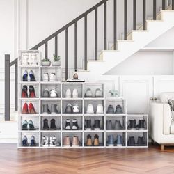 New Large 24-pack Stackable Shoe Box Organizer Storage With Door