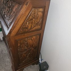 Beautiful Asian Intricately Carved  Drop Leaf Secretary Desk