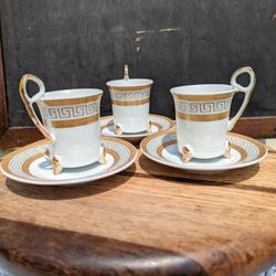 Set Of 3 Espresso Cups And Saucers With Greek Key Motif 