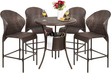 Set of 5 - Wicker Bar Table Bistro Set with Ice Bucket, with 4 Chairs, Brown