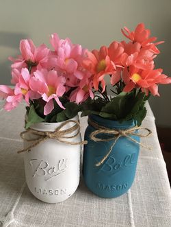 Distressed mason jar vases with silk flowers $10 for both