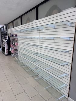 White Slatwall Display Unit with Glass Shelves and Hang Hooks