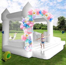Inflatable Jumping Castle with Slide & Air Blower - White, 17"x11