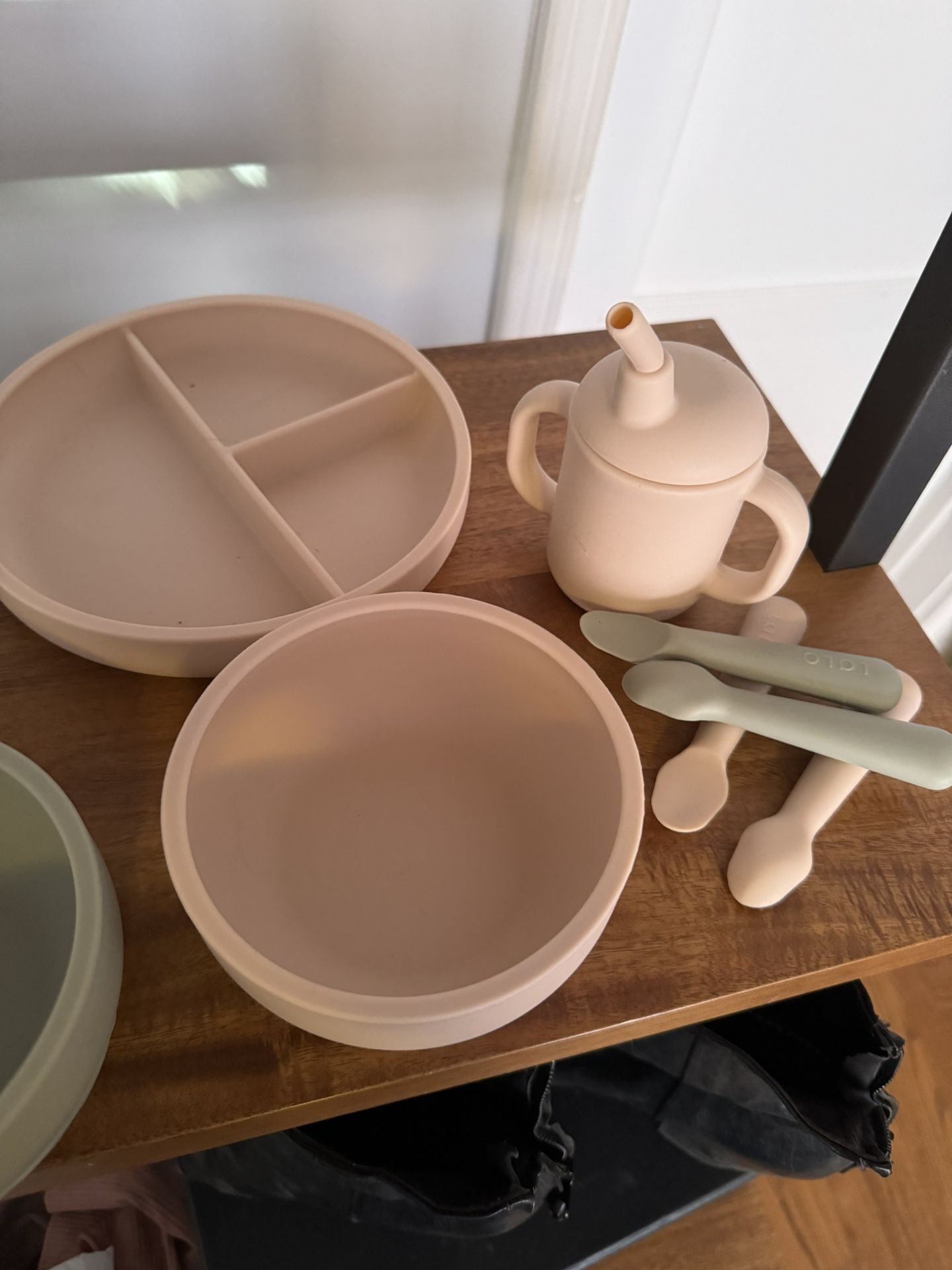 Lalo First Bites kit for babies - plates, bowls, spoons, cup - sage and grapefruit colors