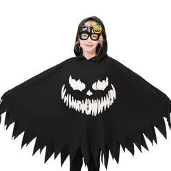 Women’s Black and white Ghost Halloween cape with hood and gloves size M 