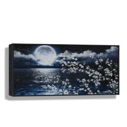 Hand painted texture on canvas painting Night Moon Ocean Seascape White Cherry Blossom Framed-10x20