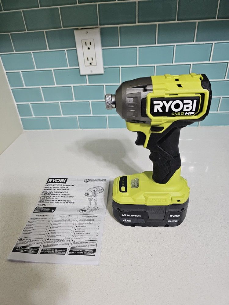RYOBI ONE +18V BRUSHLESS 4-MODE IMPACT DRIVER BRAND NEW NEVER USED PEMBROKE PINES THIS IS ONE OF BEST IMPACT DRIVER & 18V 4AH BATTERY