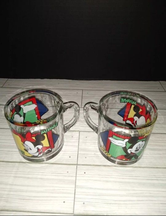 Vtg Disney Mickey & Minnie Mouse Collector Coffee Mugs Glass Cup Anchor Hocking