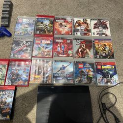 PS3 with games, controller, controller charger 