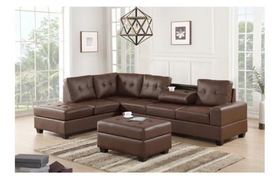 BROWN LEATHER SECTIONAL SOFA WITH OTTOMAN NEW
