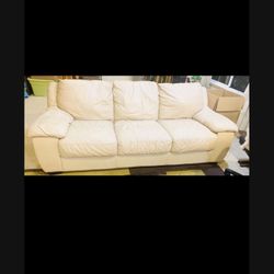 Beige Cream Off White Tan Real Leather Couch Sofa , 7 Ft Long 