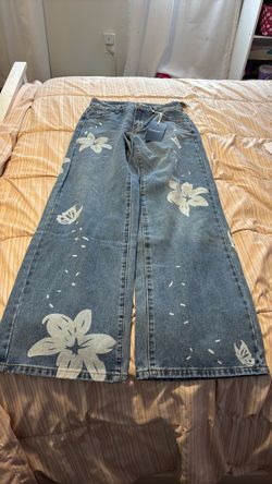 Wide Leg Floral Print Jeans
