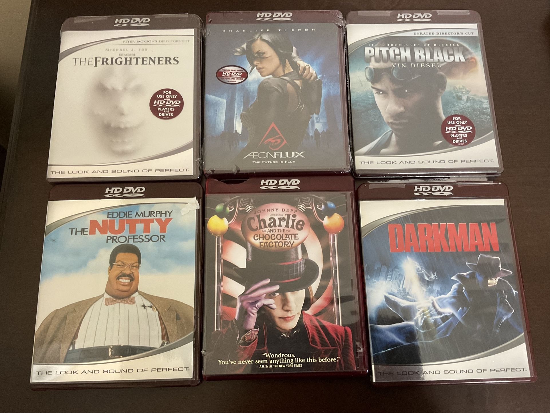 Lot of 6 HD DVD Movies. Three New - Aeonflux, The Frighteners, Pitch Black and three used - The Nutty Professor, Charlie and the Chocolate Factory, a