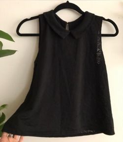 Black Floral Lace Sleeveless Collared Top