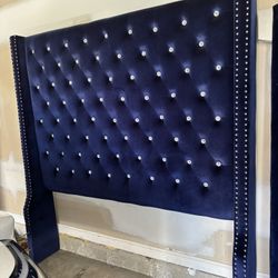 Blue Velvet Tufted Queen Headboard 