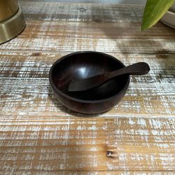 Japanese Wooden Sm Bowl & Spoon Round Sauce Salt Dipping Condiment Trinket Dish